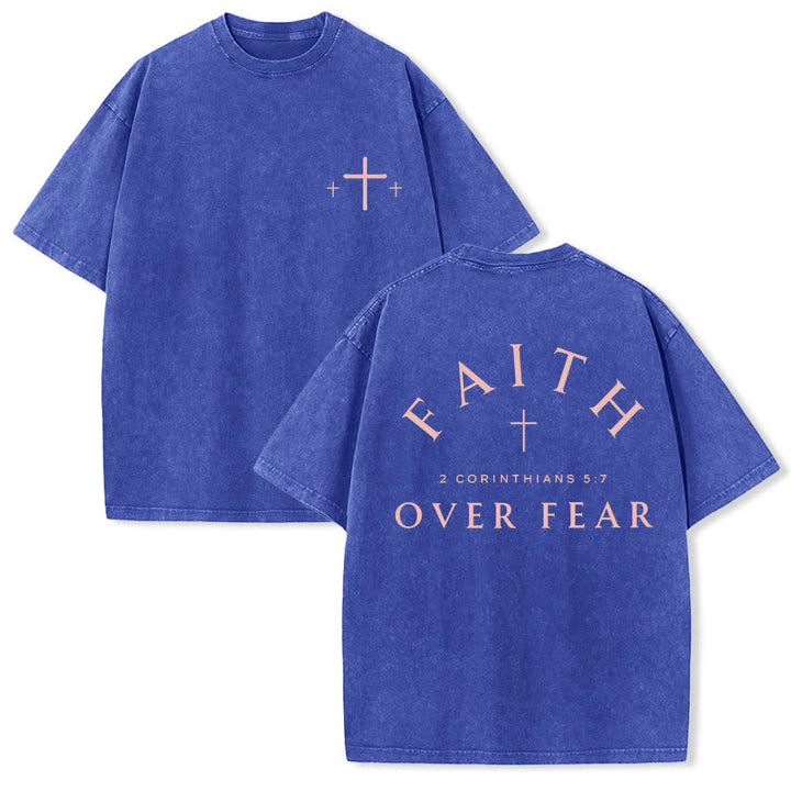 Christianartworkshop Dual-Side Faith Over Fear Cross Scripture Letter Print Washed T-shirt - Blue - 5XL - image 6