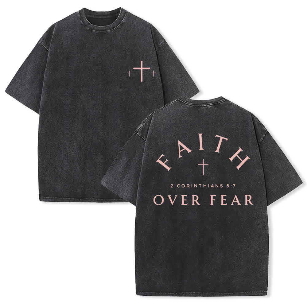 Christianartworkshop Dual-Side Faith Over Fear Cross Scripture Letter Print Washed T-shirt - Black - 5XL - image 18