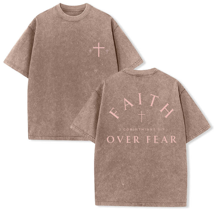 Christianartworkshop Dual-Side Faith Over Fear Cross Scripture Letter Print Washed T-shirt - Brown - 5XL - image 9