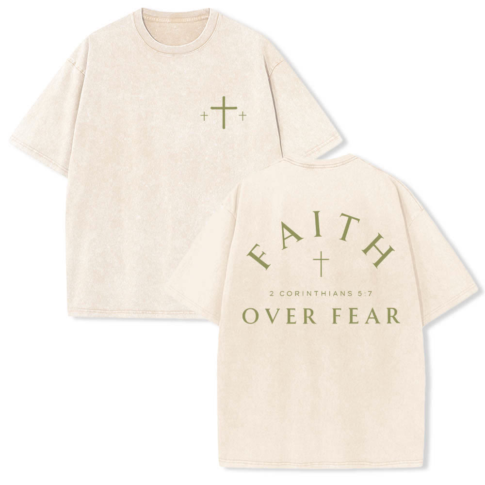 Christianartworkshop Dual-Side Faith Over Fear Cross Scripture Letter Print Washed T-shirt - Beige - 5XL - image 21
