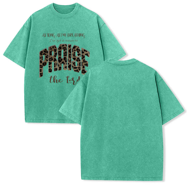 Christianartworkshop Dual-Side Praise The Lord Leopard Print Letter Washed T-shirt - Green - 5XL - image 18