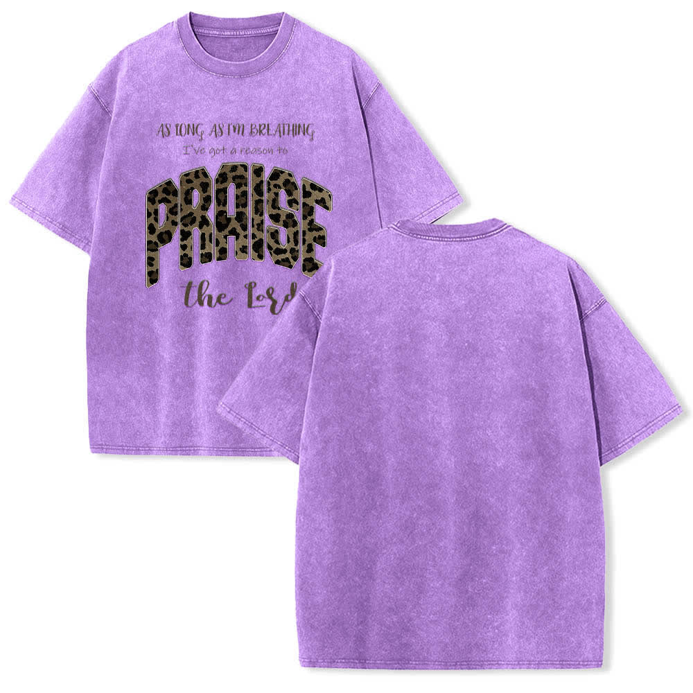 Christianartworkshop Dual-Side Praise The Lord Leopard Print Letter Washed T-shirt - Purple - 5XL - image 0