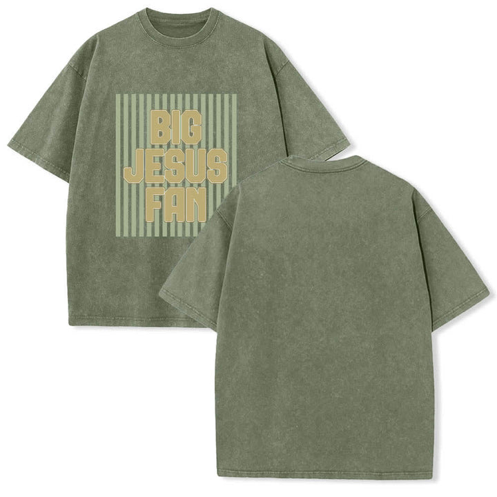 Christianartworkshop Dual-Side Big Jesus Fan Striped Letter Print Washed T-shirt - Army Green - 5XL - image 9