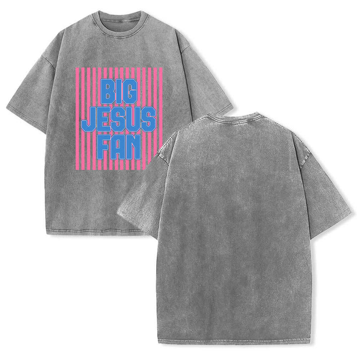 Christianartworkshop Dual-Side Big Jesus Fan Striped Letter Print Washed T-shirt - Grey - 5XL - image 18