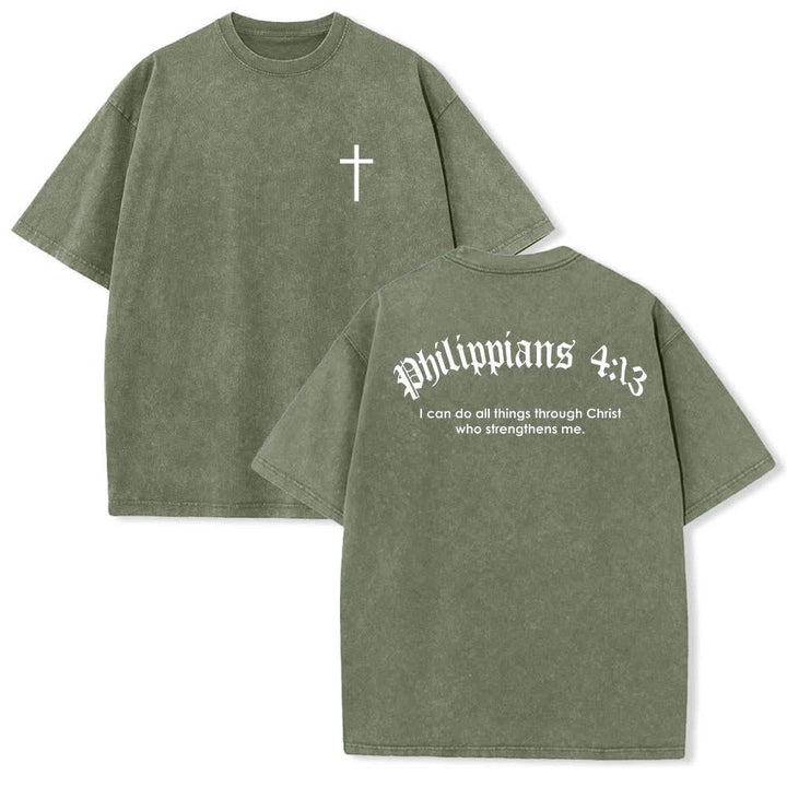 Christianartworkshop Dual-Side Philippians 4:13 Cross Scripture Letter Print Washed T-shirt - Army Green - 5XL - image 18