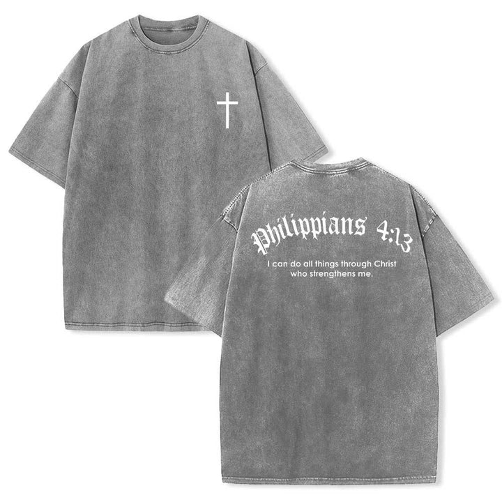 Christianartworkshop Dual-Side Philippians 4:13 Cross Scripture Letter Print Washed T-shirt - Grey - 5XL - image 0