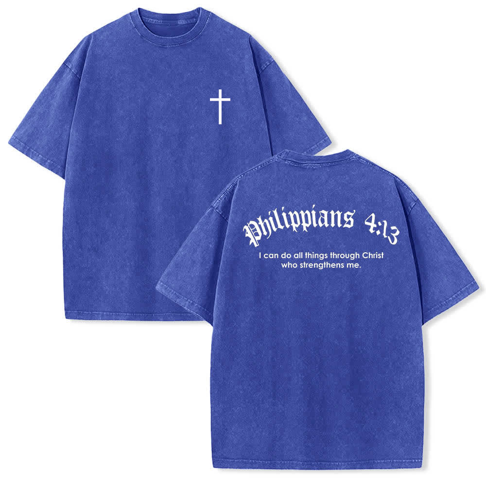 Christianartworkshop Dual-Side Philippians 4:13 Cross Scripture Letter Print Washed T-shirt - Blue - 5XL - image 21