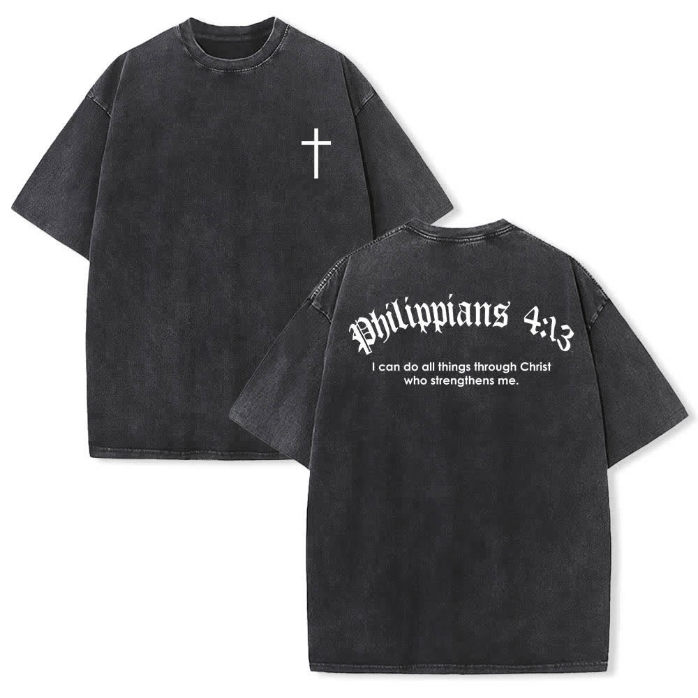 Christianartworkshop Dual-Side Philippians 4:13 Cross Scripture Letter Print Washed T-shirt - Black - 5XL - image 6