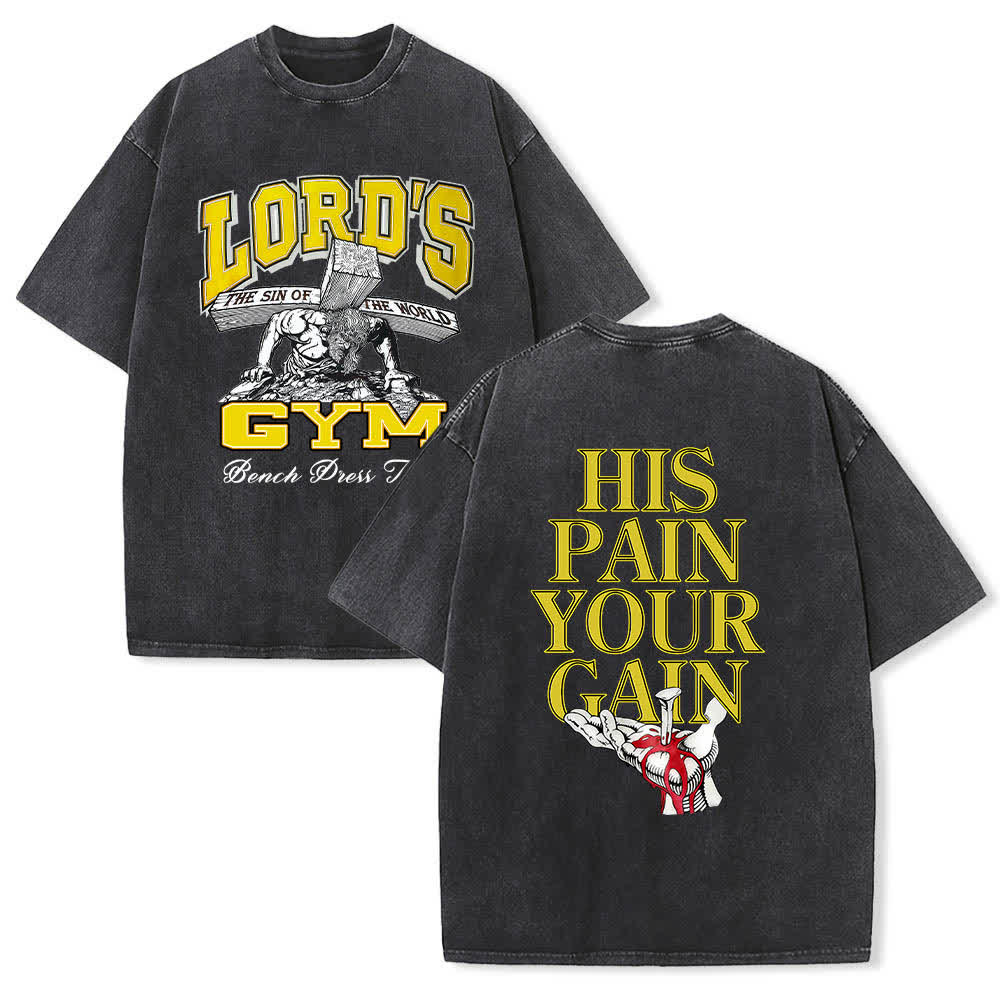 Christianartworkshop Dual-Side Lord's Gym His Pain Your Gain Graphic Letter Print Washed T-shirt - Black - 5XL - image 9