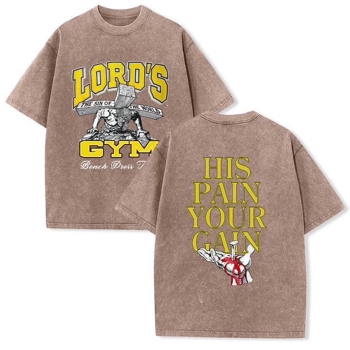 Christianartworkshop Dual-Side Lord's Gym His Pain Your Gain Graphic Letter Print Washed T-shirt - Brown - 5XL - image 0