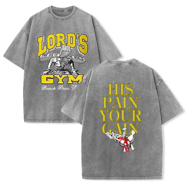 Christianartworkshop Dual-Side Lord's Gym His Pain Your Gain Graphic Letter Print Washed T-shirt - Grey - 5XL - image 3