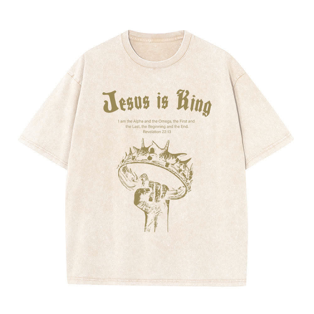 Christianartworkshop Dual-Side Jesus Is King Crown Of Thorns Scripture Letter Print Washed T-shirt - image 16