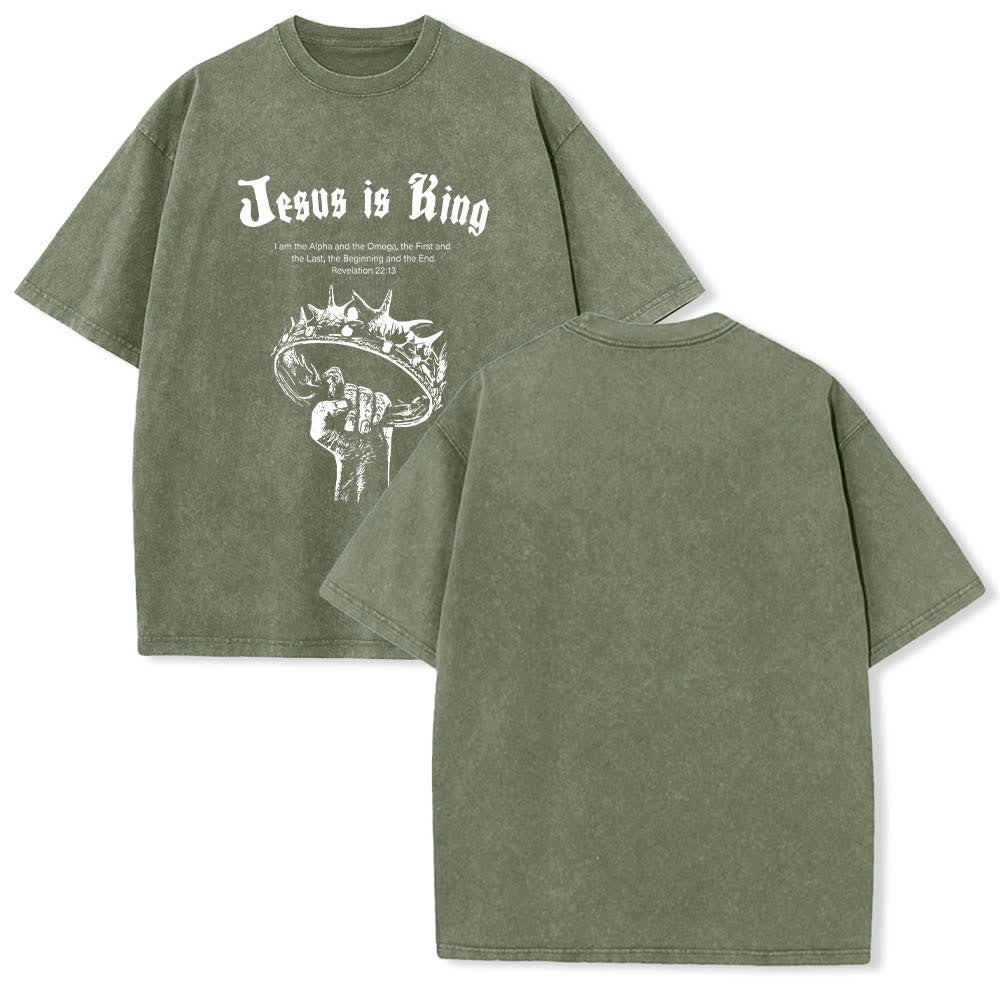 Christianartworkshop Dual-Side Jesus Is King Crown Of Thorns Scripture Letter Print Washed T-shirt - Army Green - 5XL - image 24