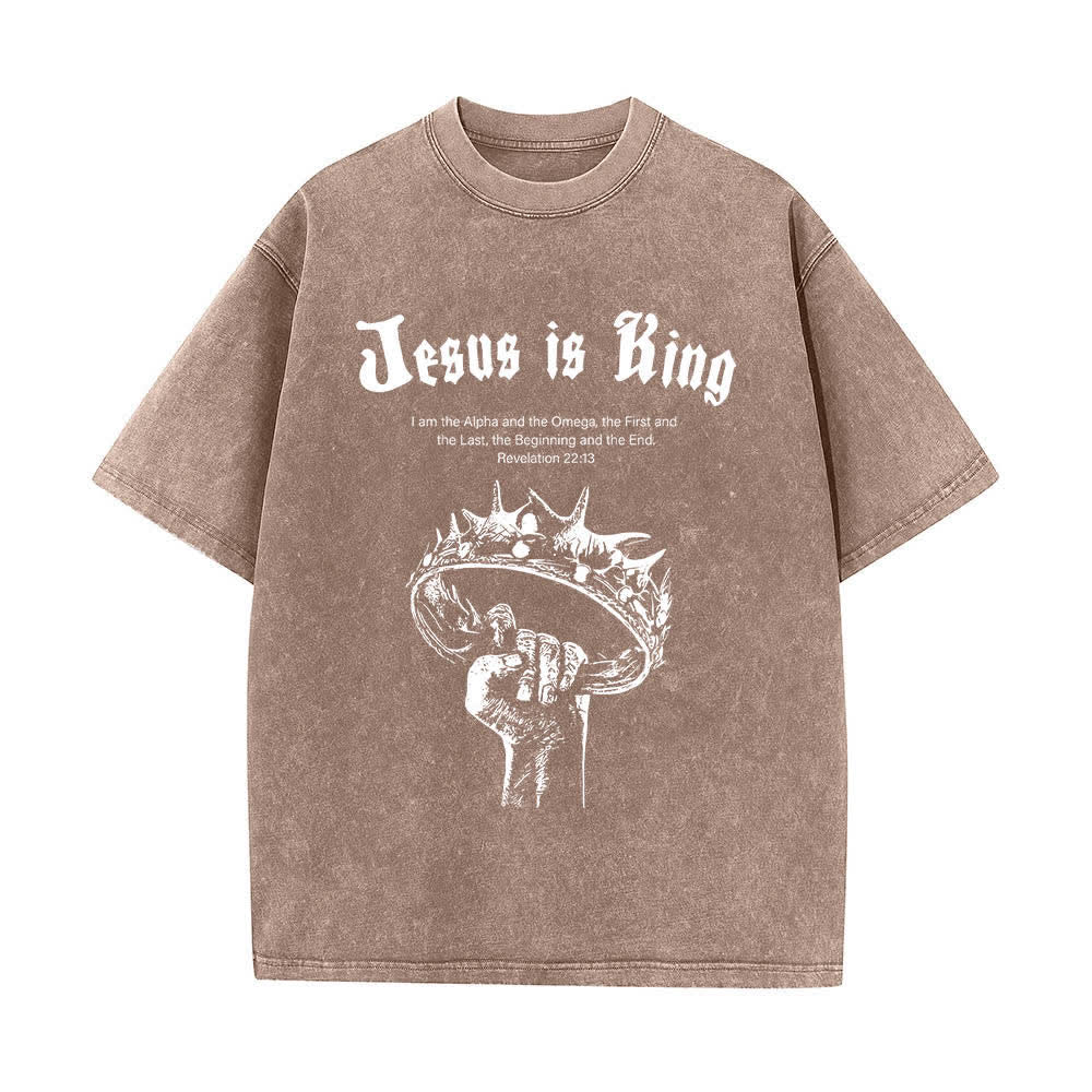 Christianartworkshop Dual-Side Jesus Is King Crown Of Thorns Scripture Letter Print Washed T-shirt - image 4