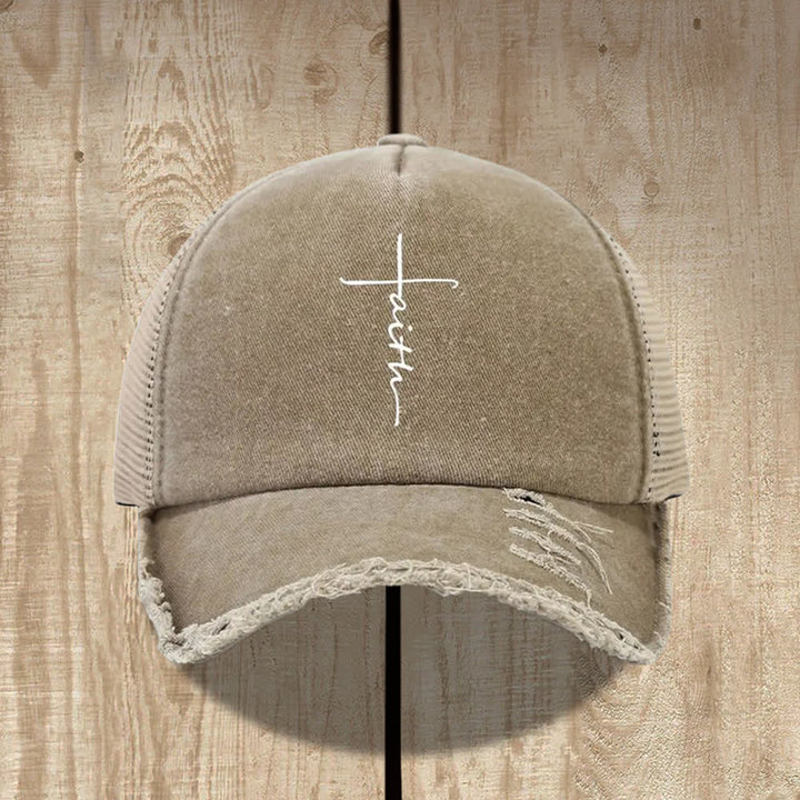 Christianartworkshop Distressed Faith Cross Cursive Letter Print Hat - Khaki - image 5