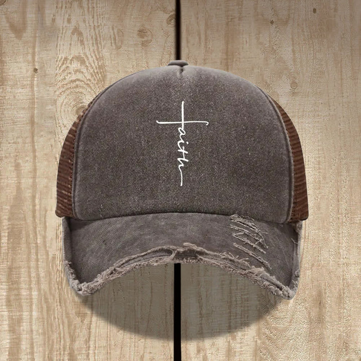 Christianartworkshop Distressed Faith Cross Cursive Letter Print Hat - Coffee - image 4