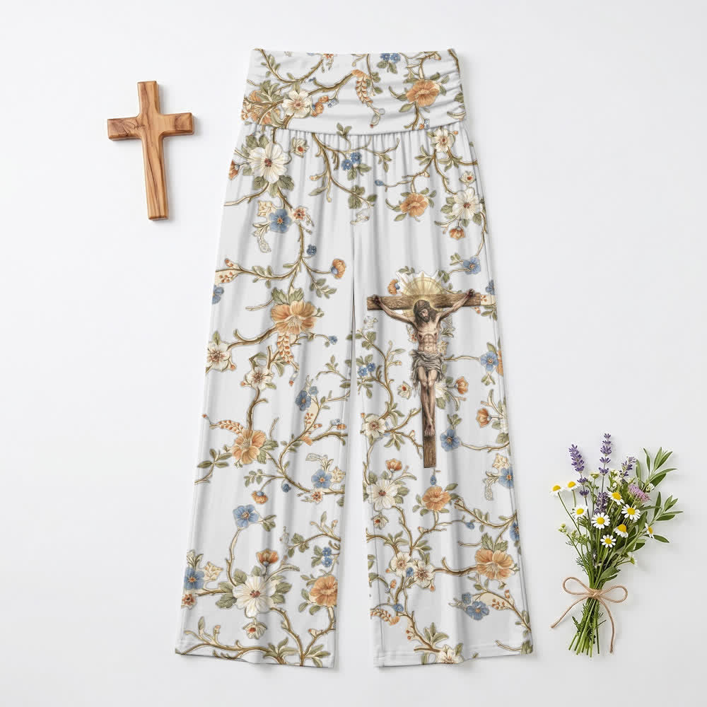 Christianartworkshop Fold Over Elastic High Waist Crucifix Jesus Vintage Floral Vine Art Casual Faith Women’s Wide Leg Pants - US22,UK/AU26,EU54(6XL) - image 0