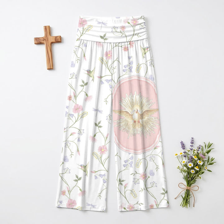 Christianartworkshop Elastic High Waist Holy Dove Hummingbird Floral Vine Art Casual Faith Women’s Wide Leg Pants - US22,UK/AU26,EU54(6XL) - image 0