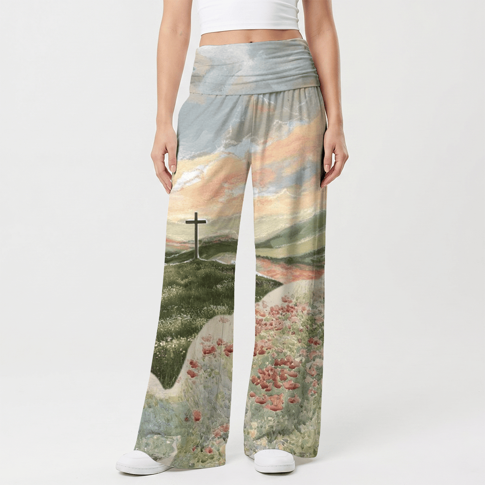Christianartworkshop Pastoral Hill Cross Sunset Poppy Oil Art Casual Faith Women’s Wide Leg Pants - image 1