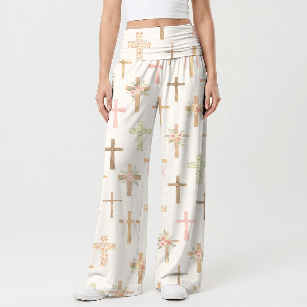 Christianartworkshop Watercolor Floral Cross All Over Print Casual Faith Women’s Wide Leg Pants - image 1