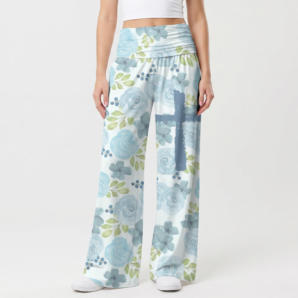 Christianartworkshop Watercolor Blue Rose Brushstroke Cross Floral Art Casual Faith Women’s Wide Leg Pants - image 1