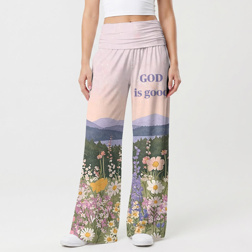 Christianartworkshop Pastoral Mountain Wildflower God Is Good Oil Art Casual Faith Women’s Wide Leg Pants - image 1