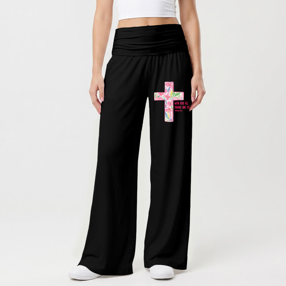 Christianartworkshop Watercolor Floral Cross Scripture Text Casual Faith Women’s Wide Leg Pants - image 1