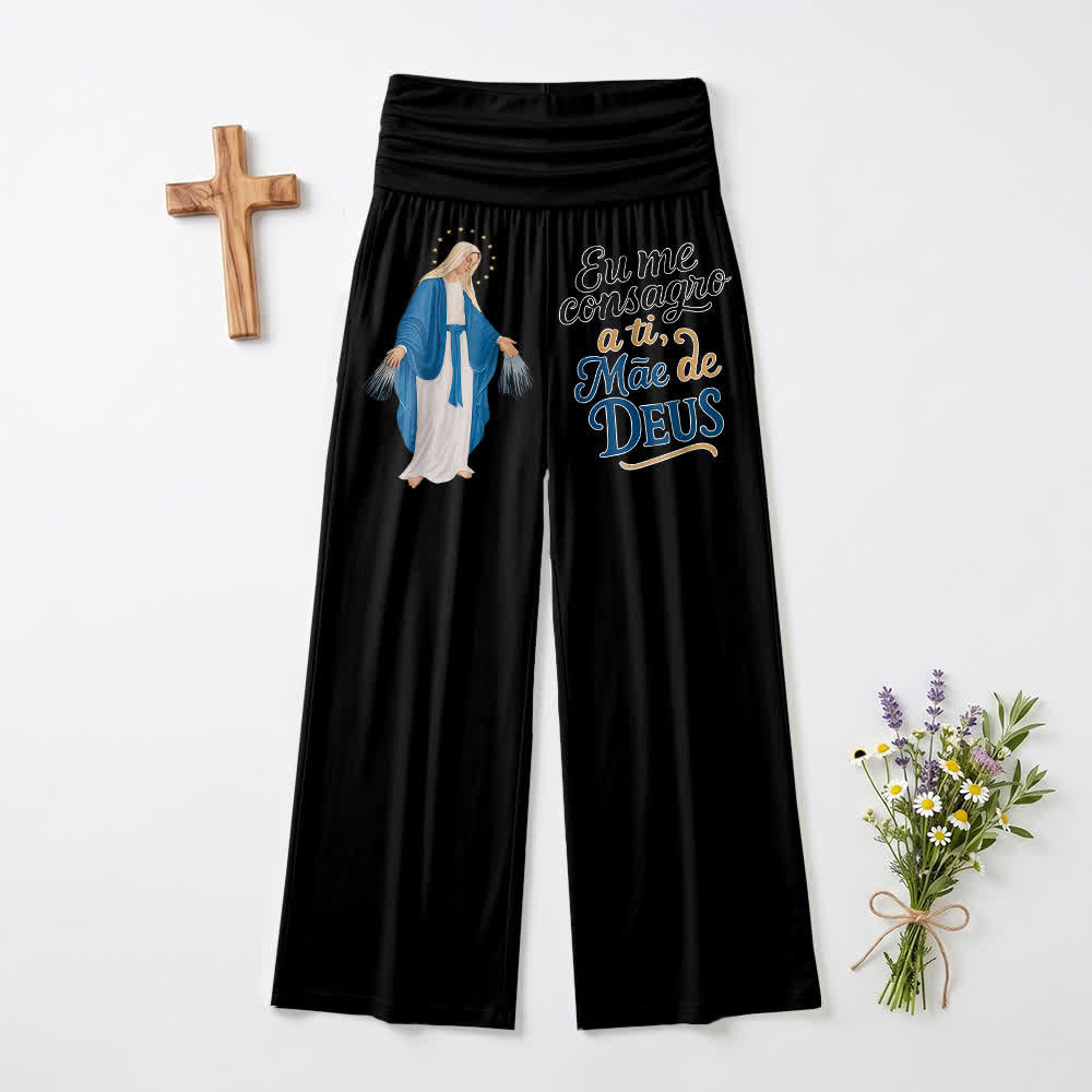 Christianartworkshop Miraculous Virgin Mary Portuguese Scripture Letter Art Casual Faith Women’s Wide Leg Pants - Black - US22,UK/AU26,EU54(6XL) - image 0