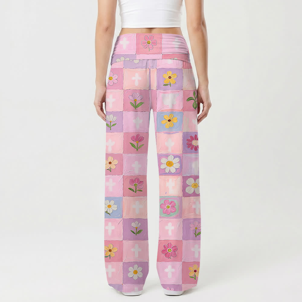 Christianartworkshop Pastel Checkerboard Floral Cross Oil Art Casual Faith Women’s Wide Leg Pants - image 2