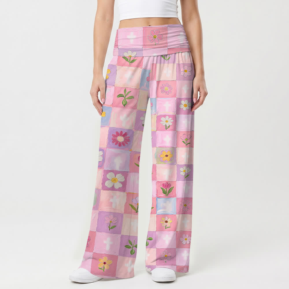 Christianartworkshop Pastel Checkerboard Floral Cross Oil Art Casual Faith Women’s Wide Leg Pants - image 1