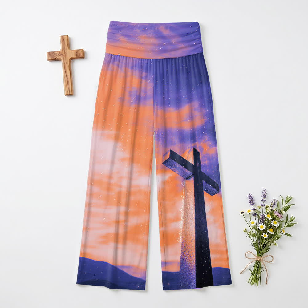 Christianartworkshop Sunset Mountain Starry Sky Cross Landscape Art Casual Faith Women’s Wide Leg Pants - US22,UK/AU26,EU54(6XL) - image 0