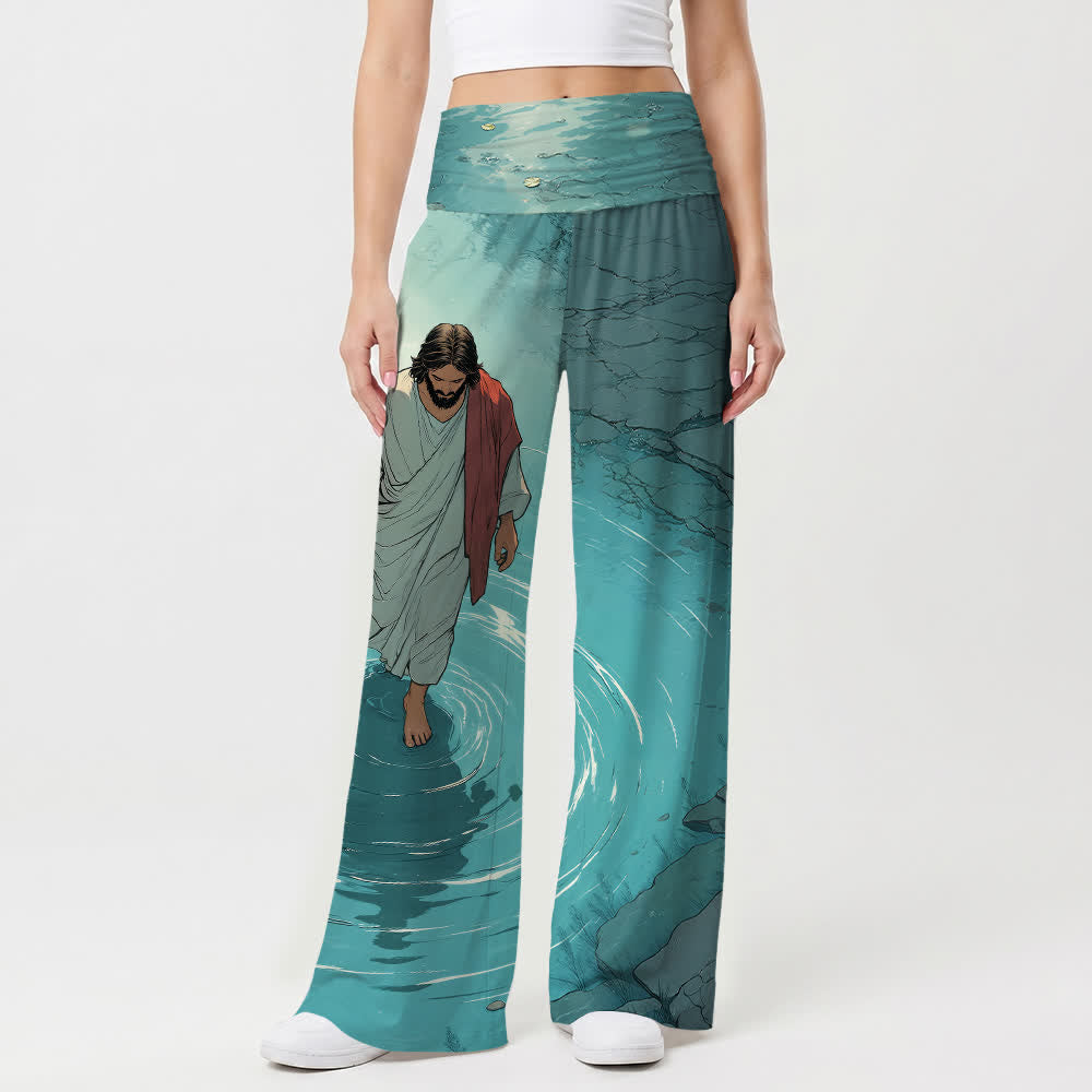 Christianartworkshop Jesus Walking On Water Ripple Lake Comic Art Casual Faith Women’s Wide Leg Pants - image 1