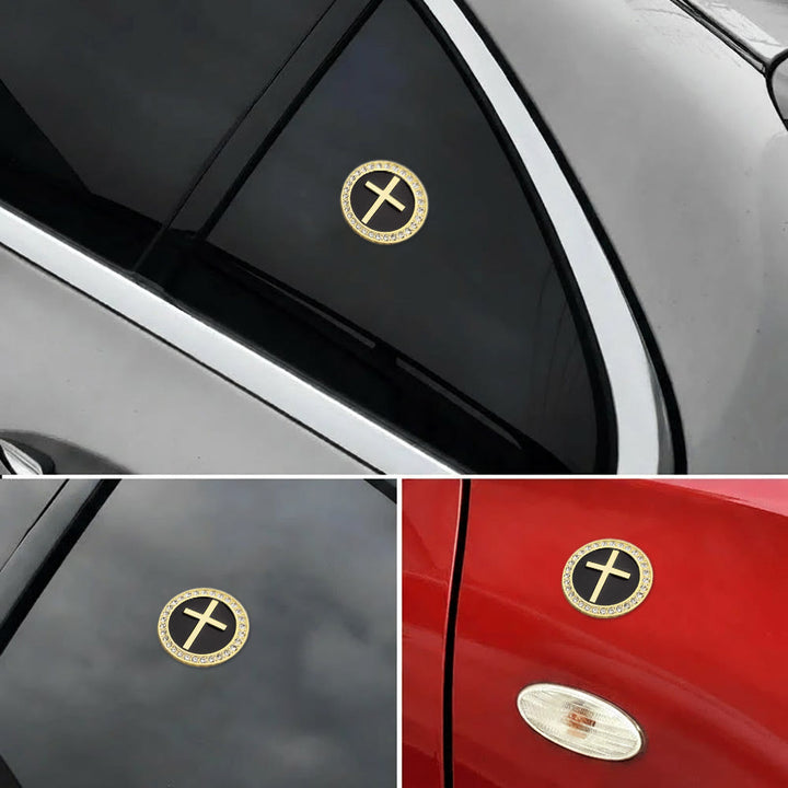 Christianartworkshop Rhinestone Rim Circular Raised Cross Car Sticker: A Symbol of Divine Grace & All-Round Journey Protection - Golden & Black - image 0