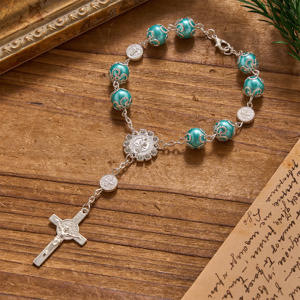 Christianartworkshop Filigree Wrapped Gloss Beads St.Benedict Clasp Rosary For Car & Pocket Travel - Blue - image 3