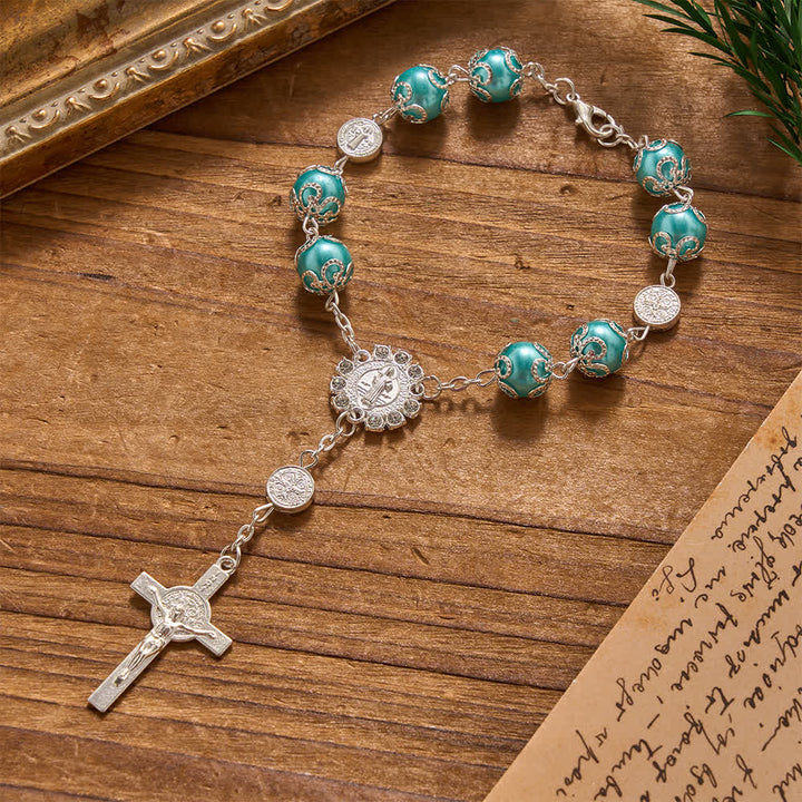 Christianartworkshop Filigree Wrapped Gloss Beads St.Benedict Clasp Rosary For Car & Pocket Travel - Blue - image 3