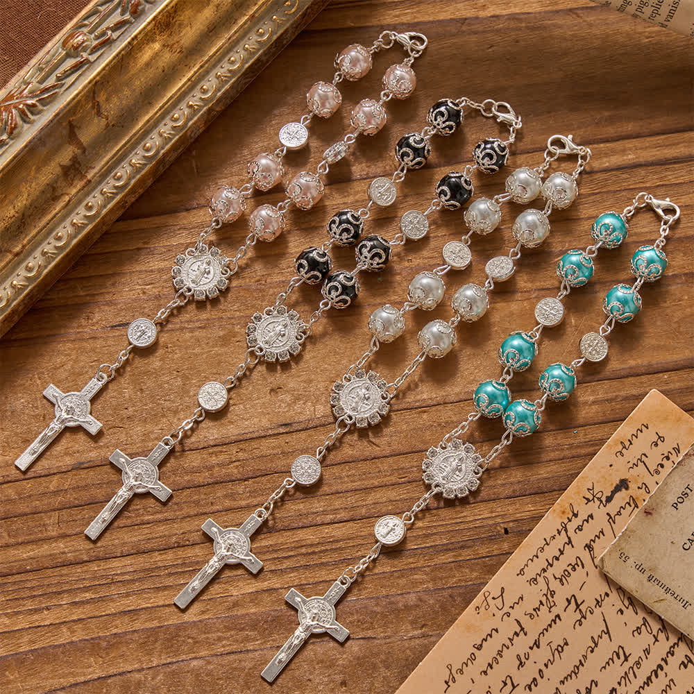 Christianartworkshop Filigree Wrapped Gloss Beads St.Benedict Clasp Rosary For Car & Pocket Travel - image 0