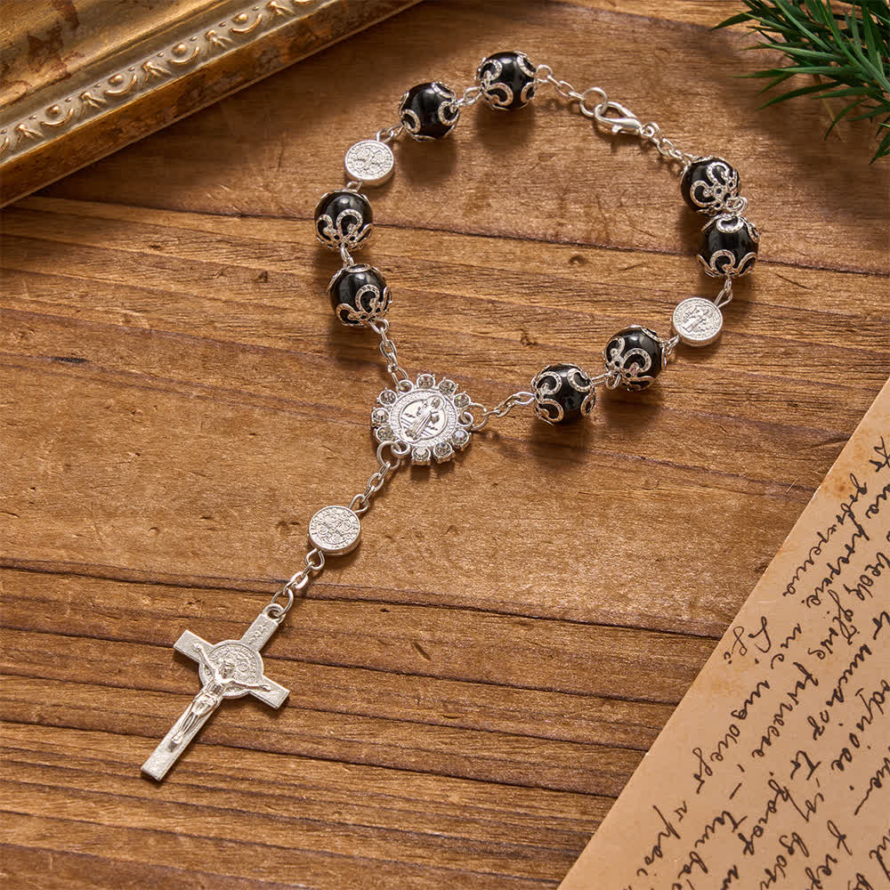 Christianartworkshop Filigree Wrapped Gloss Beads St.Benedict Clasp Rosary For Car & Pocket Travel - Black - image 4