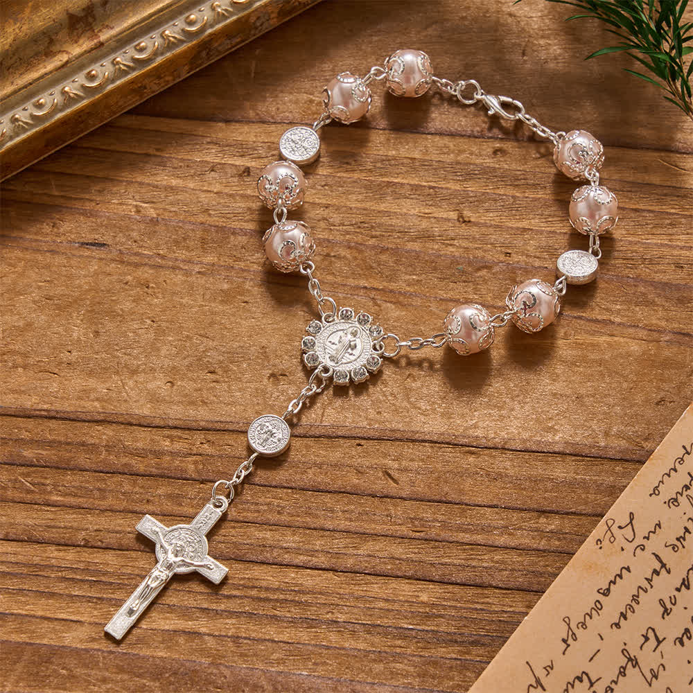 Christianartworkshop Filigree Wrapped Gloss Beads St.Benedict Clasp Rosary For Car & Pocket Travel - Pink - image 2