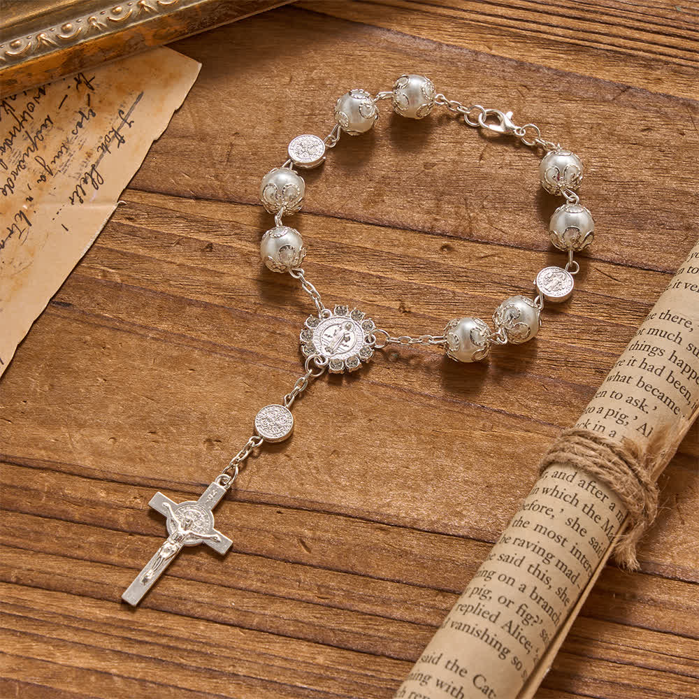 Christianartworkshop Filigree Wrapped Gloss Beads St.Benedict Clasp Rosary For Car & Pocket Travel - White - image 1