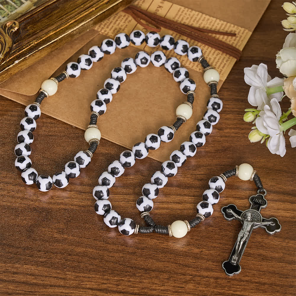 Christianartworkshop Classic Soccer Panel Pattern Bead Knotted Cord Rosary With Vintage Metal Crucifix - Soccer-Themed Rosary - image 0
