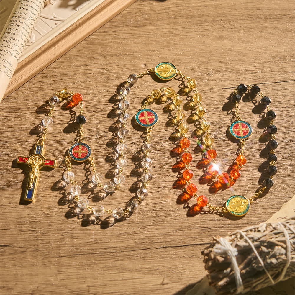 Christianartworkshop Vibrant Multi-Tone Glass Saint Benedict Rosary: For Chapel Worship & Daily Handheld Prayer - Vibrant St.Benedict Rosary - image 0