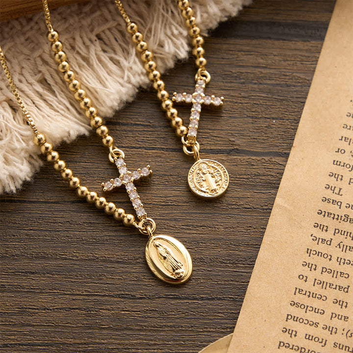 Christianartworkshop Mini Golden Bead Adjustable Bracelet With Paved Zircon Cross And Our Lady & Saint Benedict Medallion - image 0