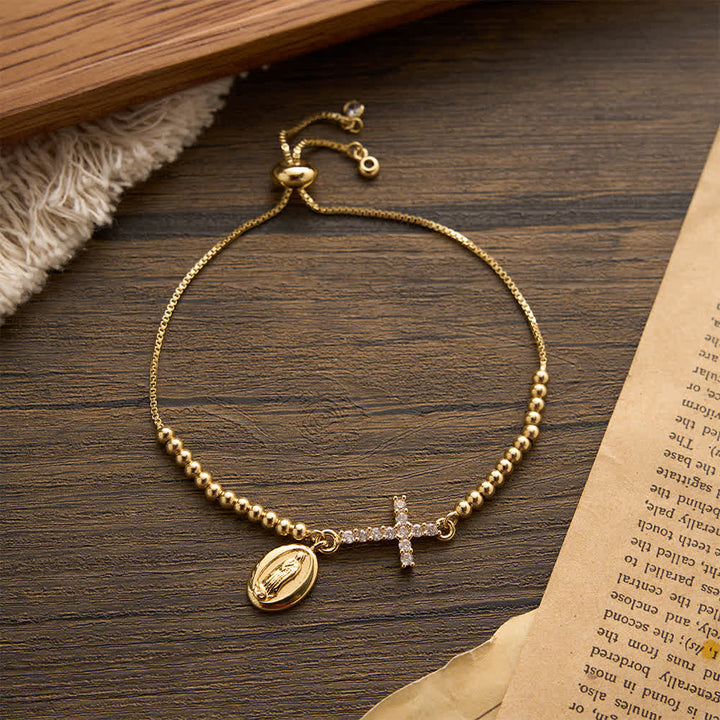 Christianartworkshop Mini Golden Bead Adjustable Bracelet With Paved Zircon Cross And Our Lady & Saint Benedict Medallion - Our Lady - image 2