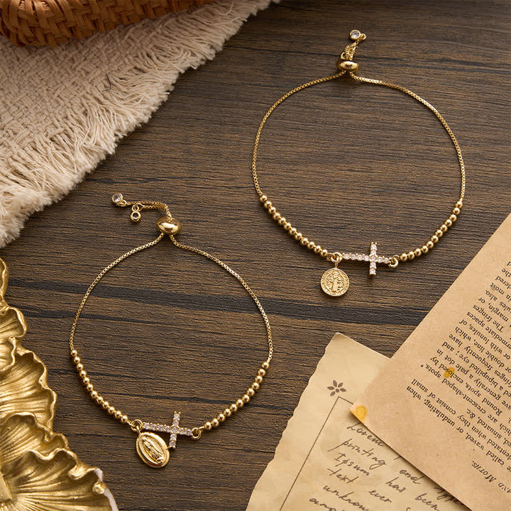 Christianartworkshop Mini Golden Bead Adjustable Bracelet With Paved Zircon Cross And Our Lady & Saint Benedict Medallion - image 1