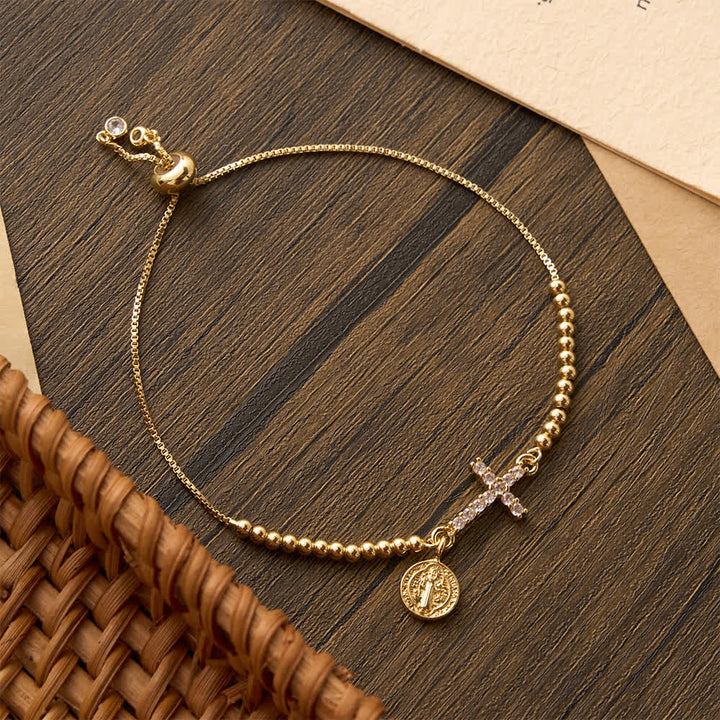 Christianartworkshop Mini Golden Bead Adjustable Bracelet With Paved Zircon Cross And Our Lady & Saint Benedict Medallion - St.Benedict - image 3