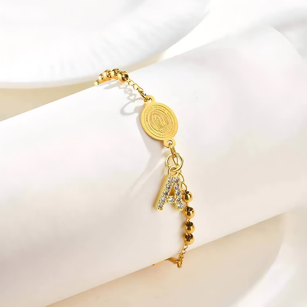 Christianartworkshop Customizable 26 Letter Paved Zircon Initial Beaded Rosary Bracelet With Our Lady Miraculous Medal - image 5