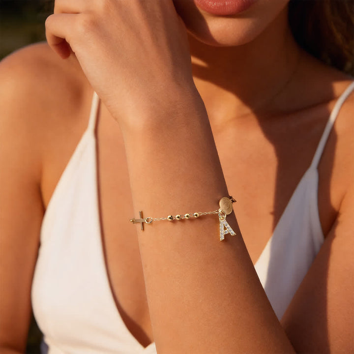 Christianartworkshop Customizable 26 Letter Paved Zircon Initial Beaded Rosary Bracelet With Our Lady Miraculous Medal - image 4