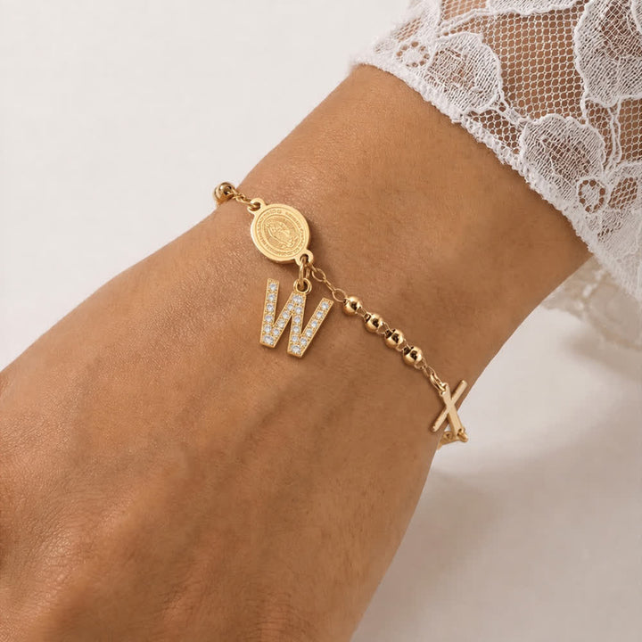 Christianartworkshop Customizable 26 Letter Paved Zircon Initial Beaded Rosary Bracelet With Our Lady Miraculous Medal - W - image 27