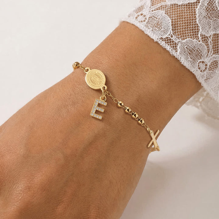 Christianartworkshop Customizable 26 Letter Paved Zircon Initial Beaded Rosary Bracelet With Our Lady Miraculous Medal - E - image 9