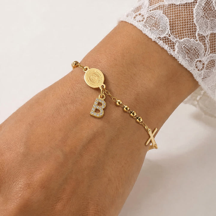 Christianartworkshop Customizable 26 Letter Paved Zircon Initial Beaded Rosary Bracelet With Our Lady Miraculous Medal - B - image 6